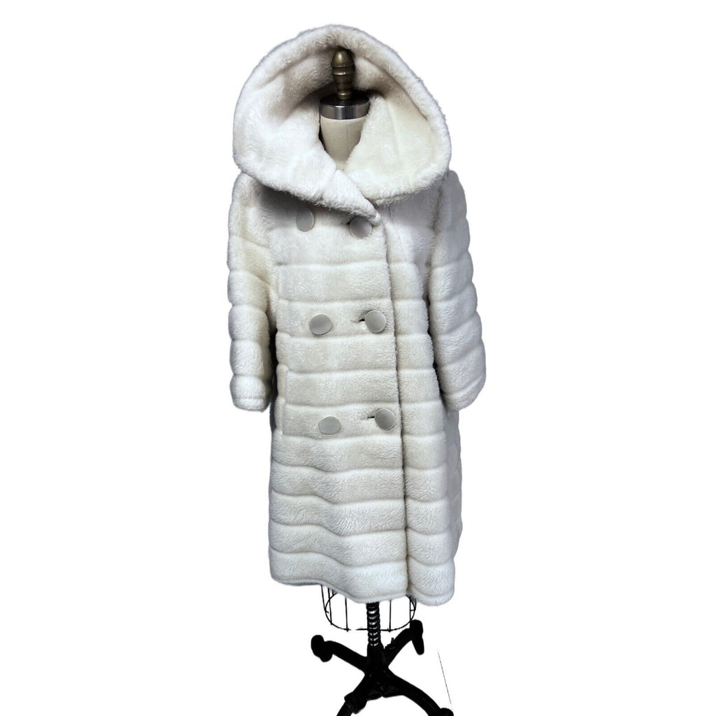 1950s Retro Womens Ivory Swing Coat Faux Fur Huge Buttons S/M 3/4 Bell Sleeves Unbranded