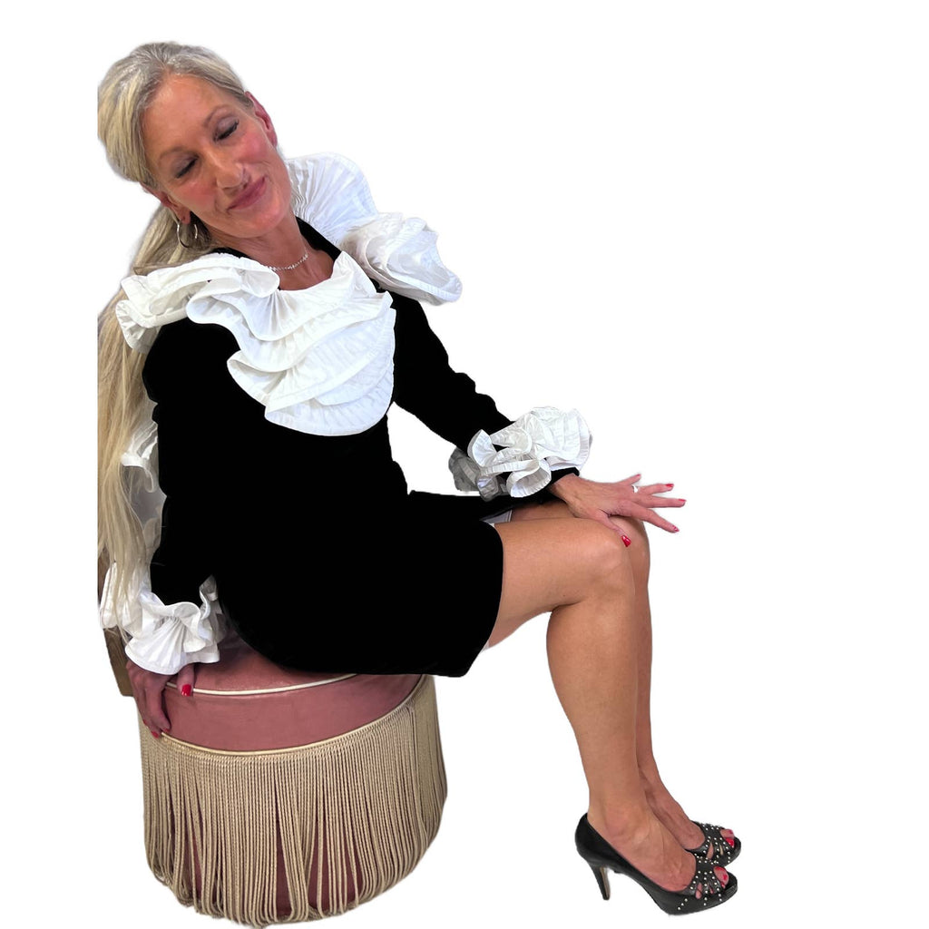 Mob Wife 80s Lillie Rubin Black Stretch Velvet Dress Huge Ruffled Neckline Open Back S Lillie Rubin