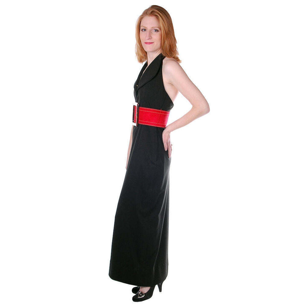 VTG 70s Geoffrey Beene Black Silk Jersey Column Gown Red Suede Belt & Scarf Geoffrey Beene