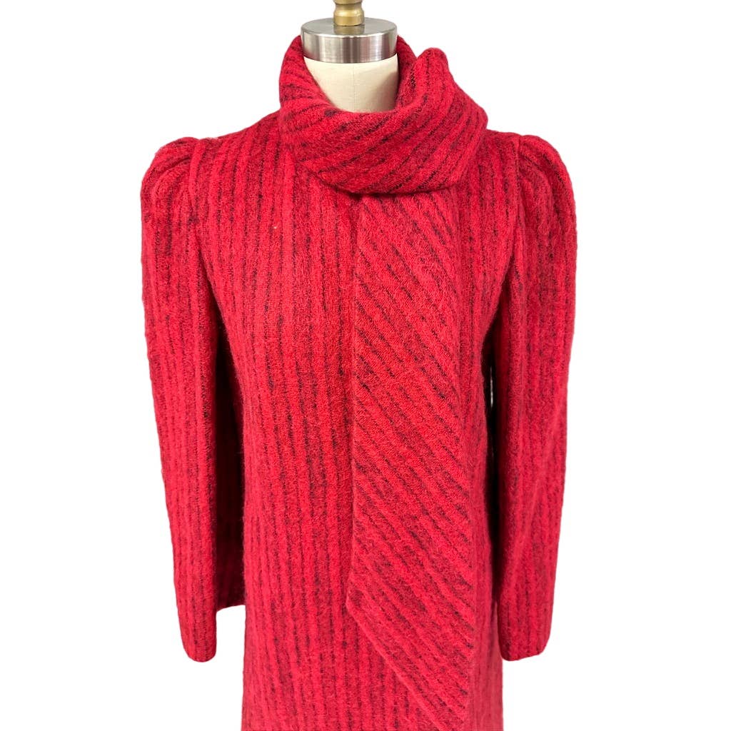 Pauline Trigere Coat Vintage Wool Sz 6/S Red Black Stripe Fuzzy 1970s-80s Pauline Trigere