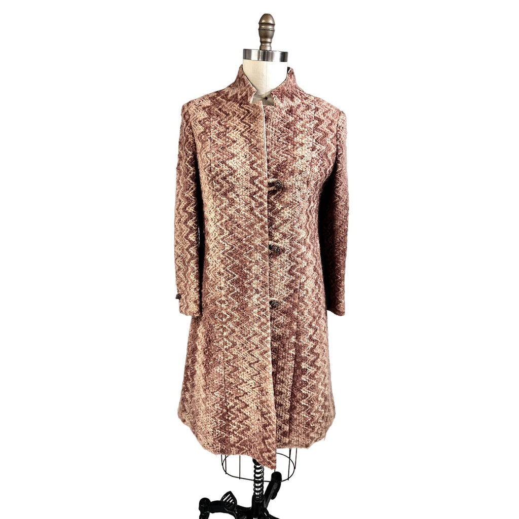 VTG 1970s Retro Womens Coat Rusty Zigzag Woven Wool w/ Rhinestone Cone Buttons Sz S/M coat Handmade