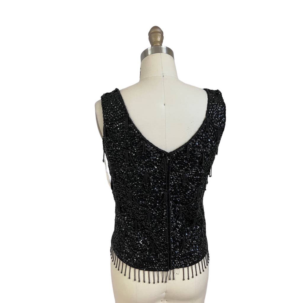 Vintage Marianne Fashions Beaded Wool Shell Black NWT L 1950s Hong Kong Marianne