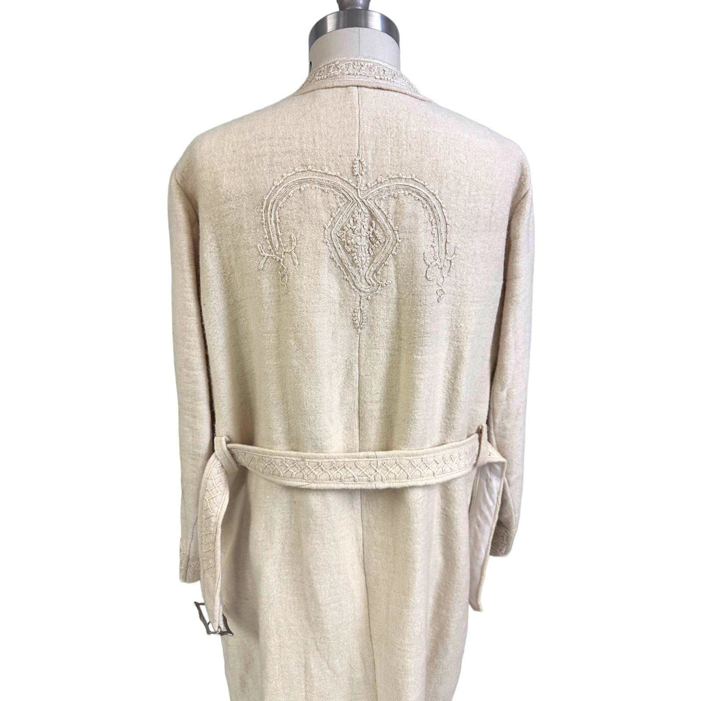 Antique Handwoven Wool Coat Edwardian Cream Embroidered L/XL Womens 1910s coat Handmade