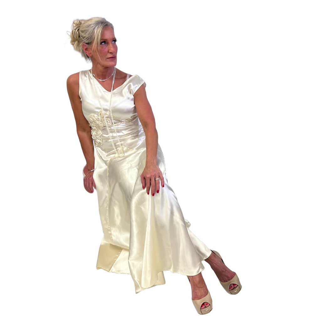 VTg 1930s Bias-Cut Wedding Gown Ivory Satin Small Unbranded