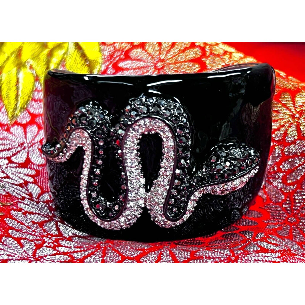 Signed KENNETH LANE KJL Black Enamel Rhinestone SNAKE Cuff Bracelet NWOT Kenneth Jay Lane
