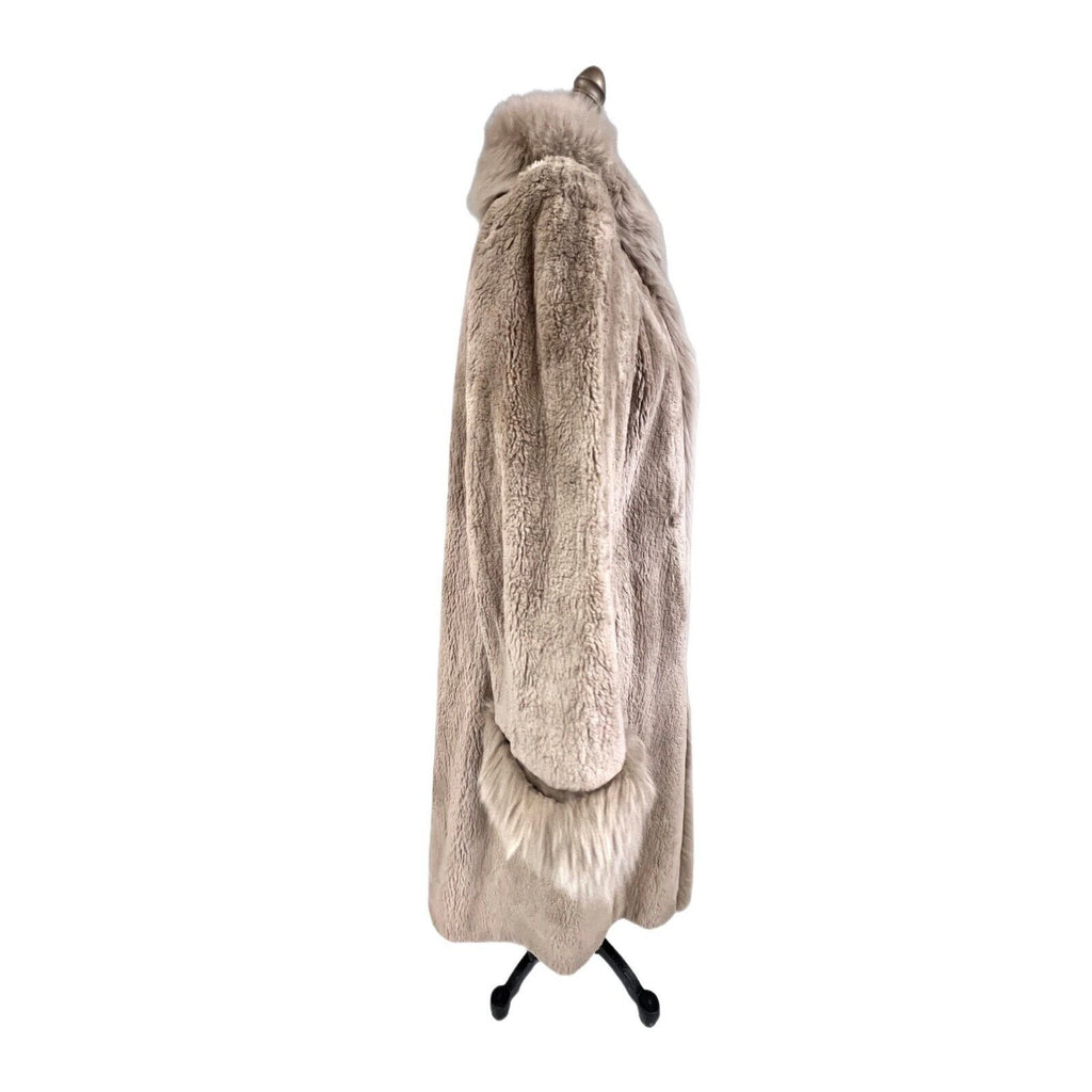 Exquisite Vintage Long Beige Blush Sheared Beaver Coat with Fox Trim Women's Small Unbranded