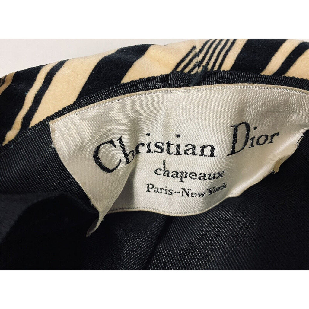Mob wife Vtg CHRISTIAN DIOR Velvet Bucket Hat Striped Blk/Yell 1960s Small Head Christian Dior