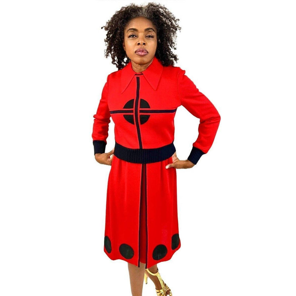 VTG 1970s Bakalli Wool Dress & Sweater Set Leather Applique Mod Geometric Hong Kong M Bakalli