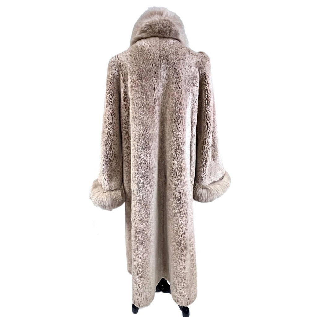 Exquisite Vintage Long Beige Blush Sheared Beaver Coat with Fox Trim Women's Small Unbranded