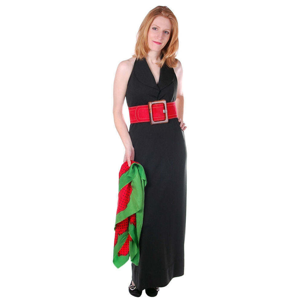 VTG 70s Geoffrey Beene Black Silk Jersey Column Gown Red Suede Belt & Scarf Geoffrey Beene