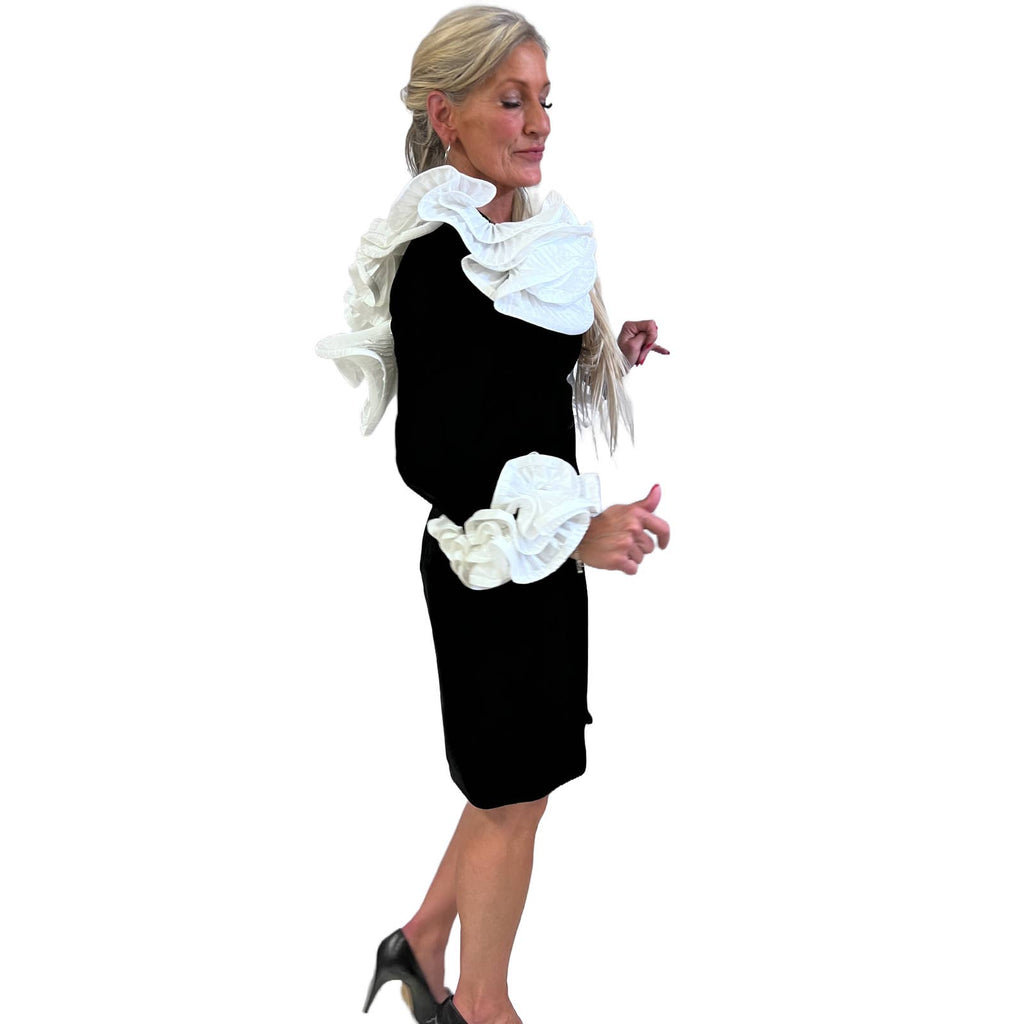 Mob Wife 80s Lillie Rubin Black Stretch Velvet Dress Huge Ruffled Neckline Open Back S Lillie Rubin