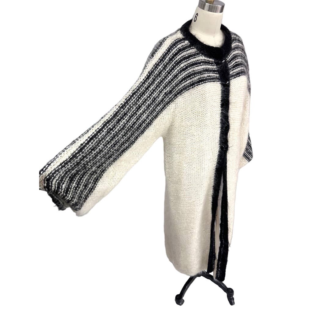 80s VTG Nannell Mohair Lined Sweater Coat Cream/Blk Sz M Striking Stripes New Arrivals Nannell