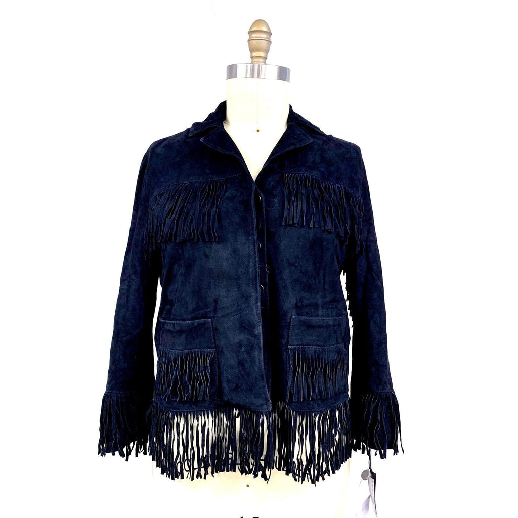 AS65 Black Suede Fringe Moto Jacket Italy NWT 70s Western Rock Glam Small AS65