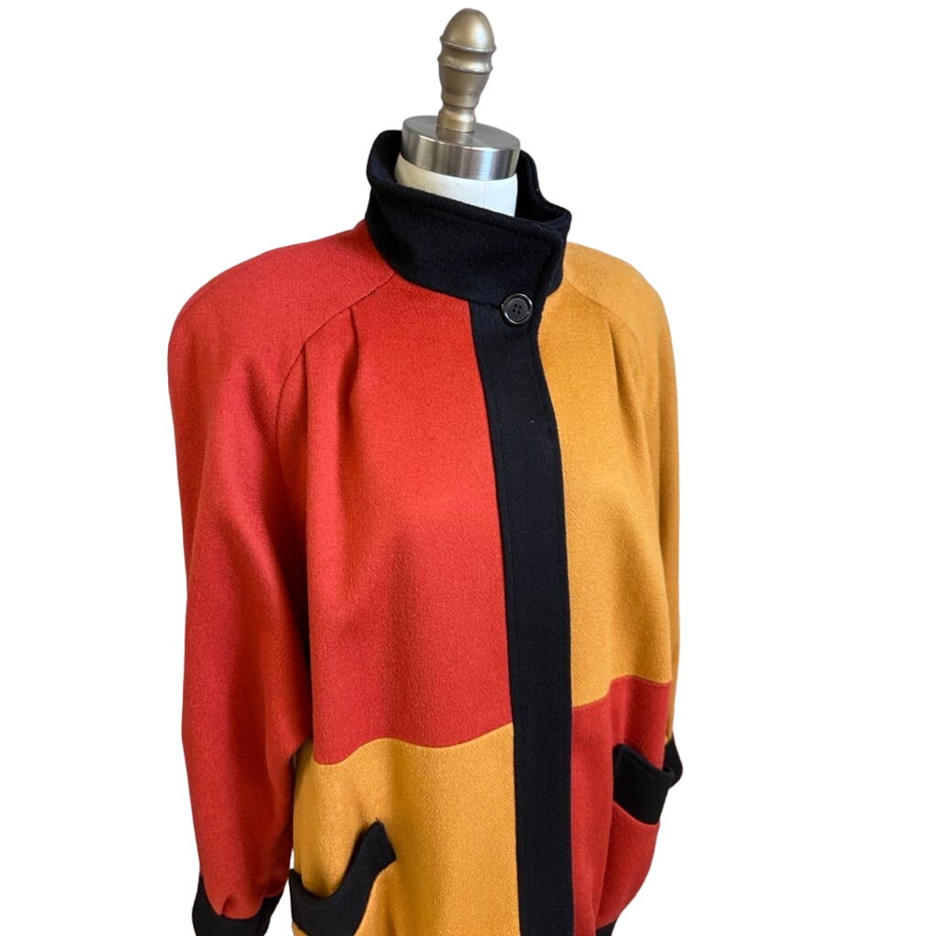80s Vtg Retro Steve Evans Color Block Wool Coat Womens L Orange Yellow Black coat Steve Evans