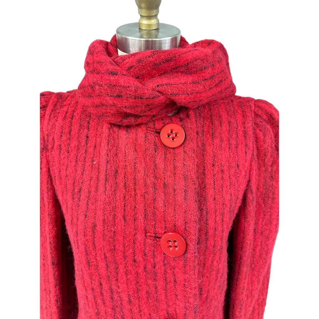 Pauline Trigere Coat Vintage Wool Sz 6/S Red Black Stripe Fuzzy 1970s-80s Pauline Trigere