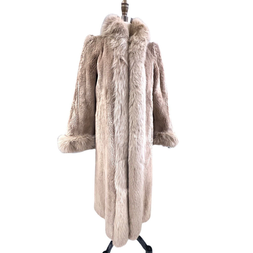 Exquisite Vintage Long Beige Blush Sheared Beaver Coat with Fox Trim Women's Small Unbranded
