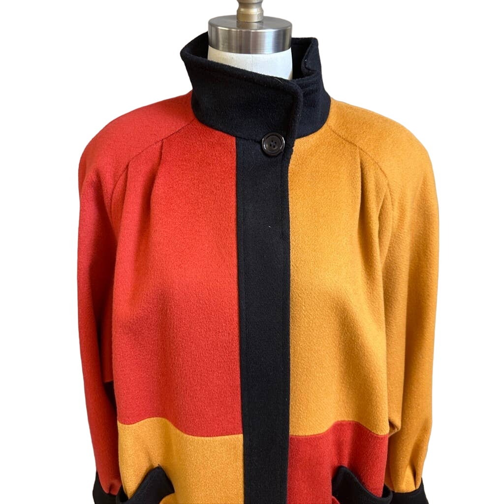 80s Vtg Retro Steve Evans Color Block Wool Coat Womens L Orange Yellow Black coat Steve Evans
