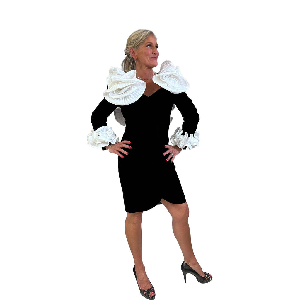 Mob Wife 80s Lillie Rubin Black Stretch Velvet Dress Huge Ruffled Neckline Open Back S Lillie Rubin