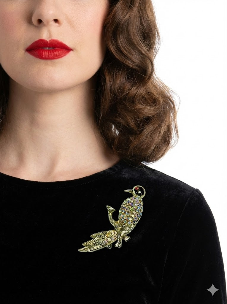 VTG 1950s AB Rhinestone Perched Bird Brooch Gold Tone Red Eye Midcentury Pin On Sale The Best Vintage Clothing