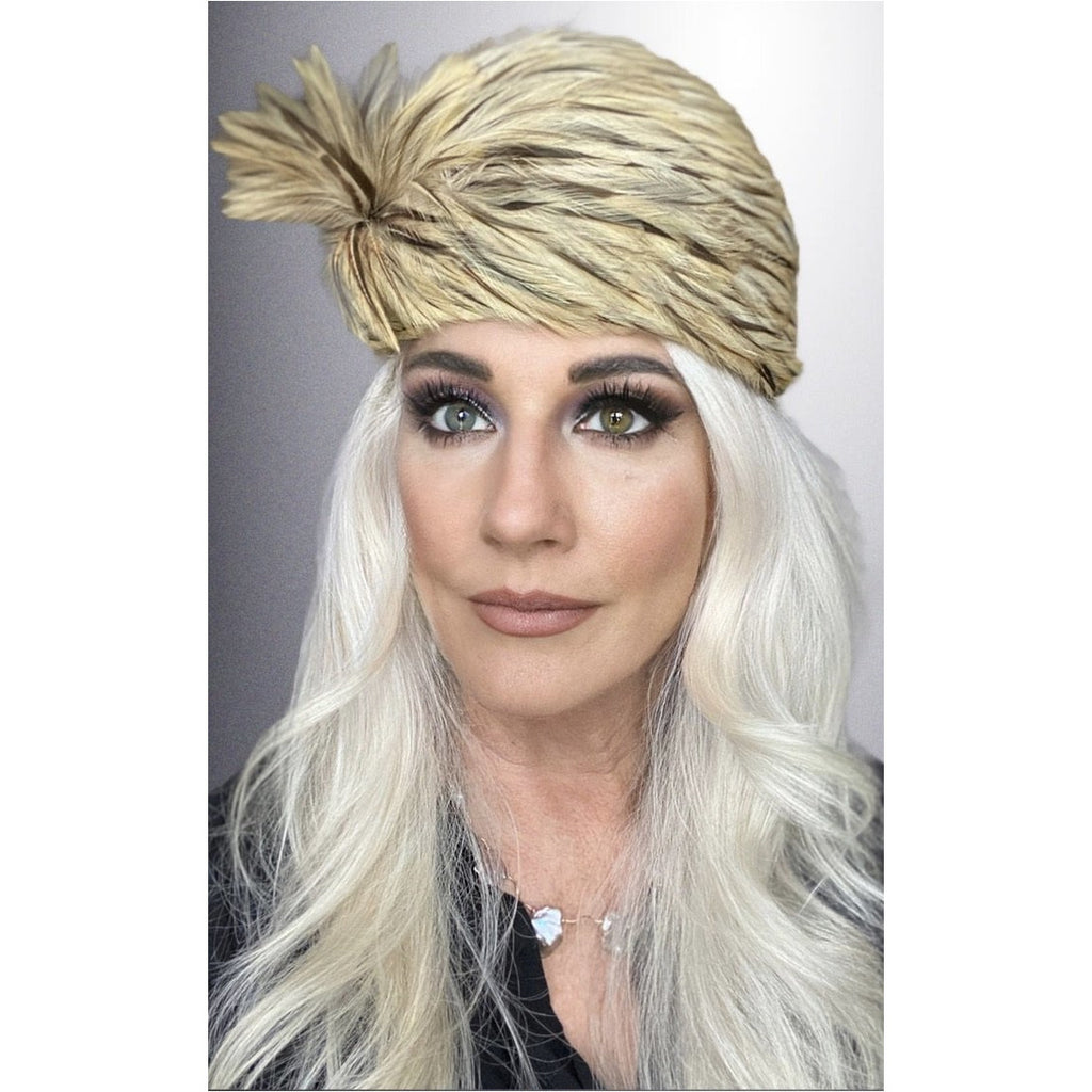 Vintage Ladies Feather Hat w/ Spray 1950s Light Brown & Gold Jacki Hats The Best Vintage Clothing