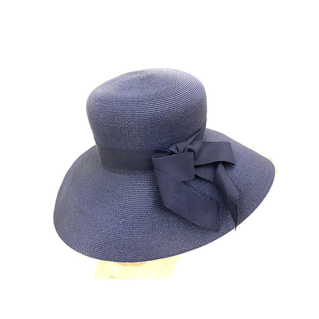 Vintage Lucila Mendez Exclusive Navy Blue Straw Wide Brimmed Hat 1950s Bucket Marvelous Maisel Church New Arrivals The Best Vintage Clothing