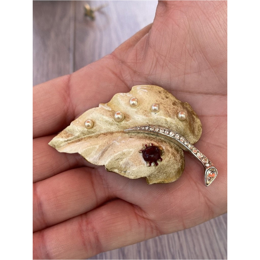 Rare Vintage Signed Alfred Philippe Trifari Leaf Ivory Brooch 1950s w/ Ladybug Cart2cart Trifari