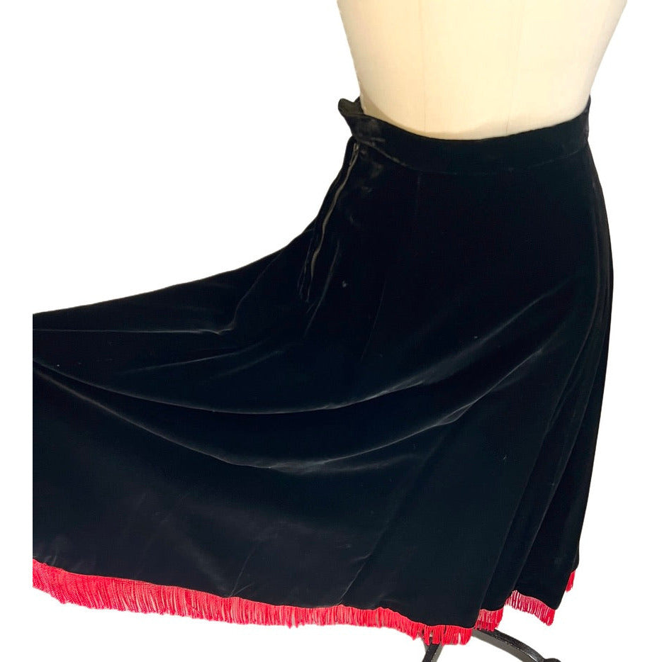 Vintage Black Velvet Full Skirt w Red Fringe Hem 1940s Small Modern Jr Cart2cart The Best Vintage Clothing