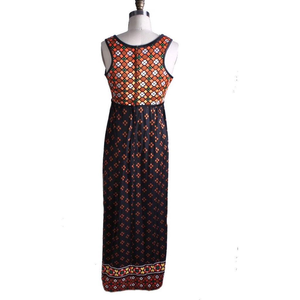 VTg 1960s Maxi Dress Gown Polka Dot Border Print Knit Sz S/M Knit Hippie Boho New Arrivals The Best Vintage Clothing