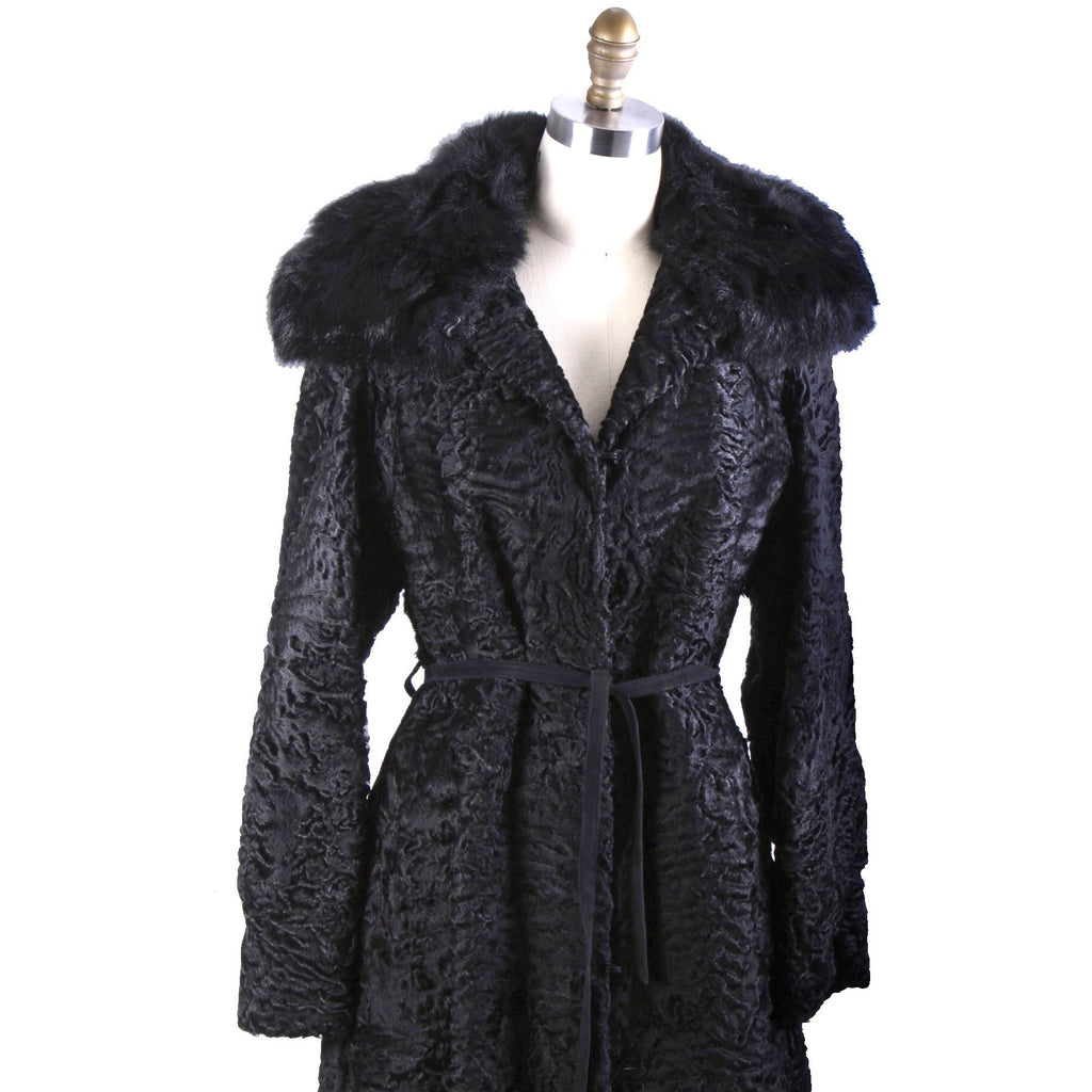 VTG 1970s Pierre Balmain Astrakhan Fur Coat w/ Belt Jet Black Luxury Paris Label coat Balmain