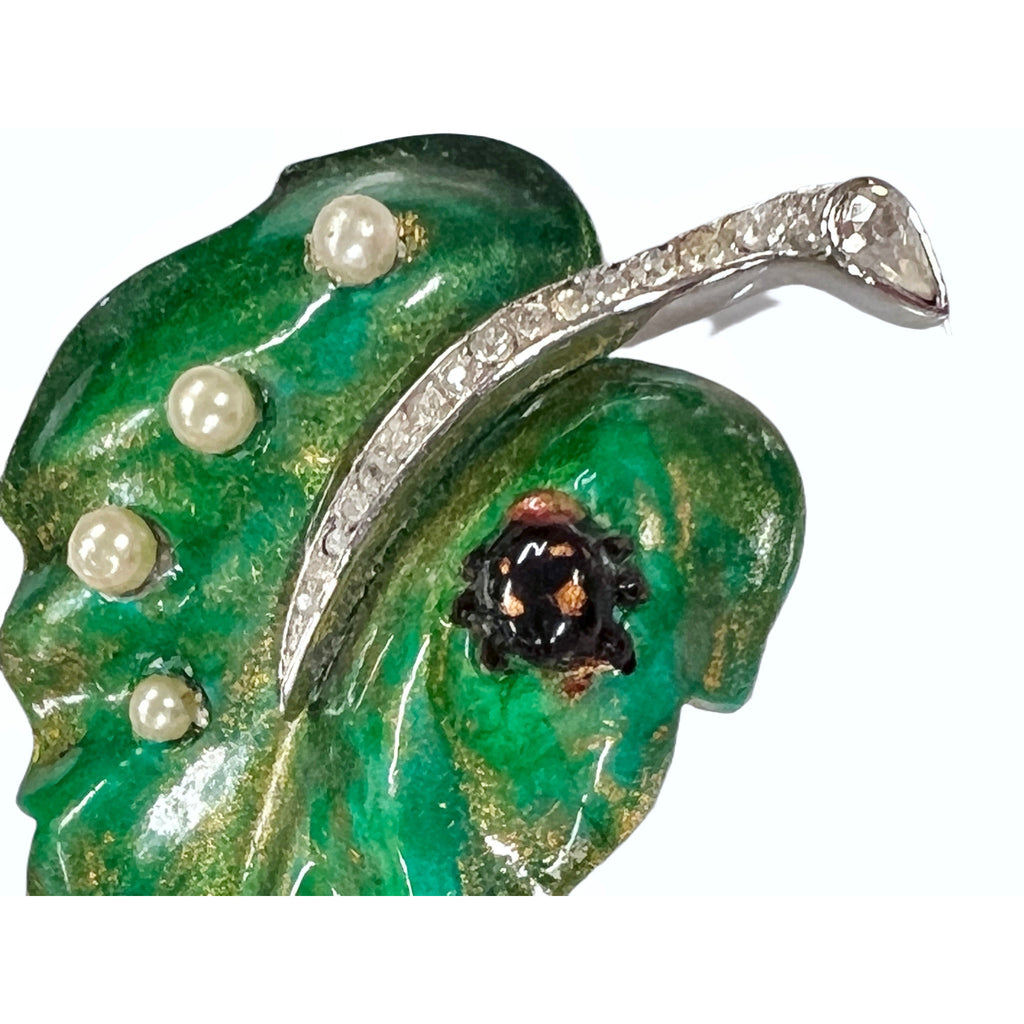 Rare Alfred Philippe Vintage Signed Trifari Turning Leaf Green Brooch 1950s w/ Ladybug Cart2cart Trifari