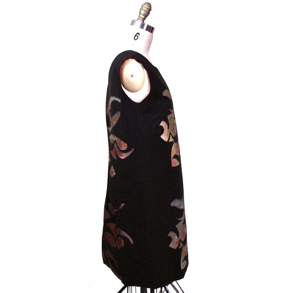 Retro Vtg Tummey Hand Block Printed 70s Dress Shift Hippie Womens Black Pink s/m The Best Vintage Clothing