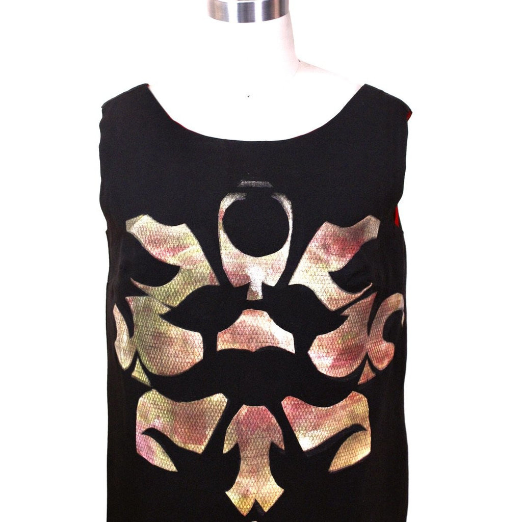 Retro Vtg Tummey Hand Block Printed 70s Dress Shift Hippie Womens Black Pink s/m The Best Vintage Clothing