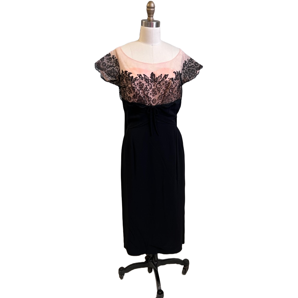 Vintage Black /Pink Rayon & Lace Cocktail Hobble Dress Wiggle Train 1950s 40-30-43 Women's The Best Vintage Clothing