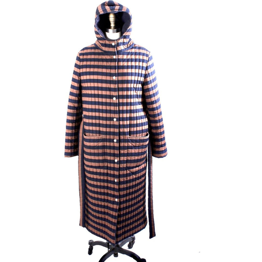 Vintage 1970s Vuokko Suomi Finland Striped Cotton Quilted Coat Snap Front Mod EU 44 M L marimekko Vuokko