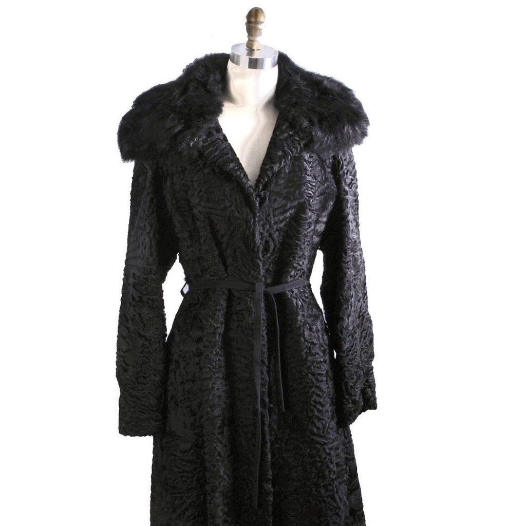 VTG 1970s Pierre Balmain Astrakhan Fur Coat w/ Belt Jet Black Luxury Paris Label coat Balmain