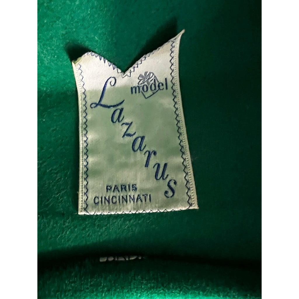 Vintage Lazarus Bucket Hat 50s Emerald Green Velour Sweeping Feather Church O/S Hats The Best Vintage Clothing