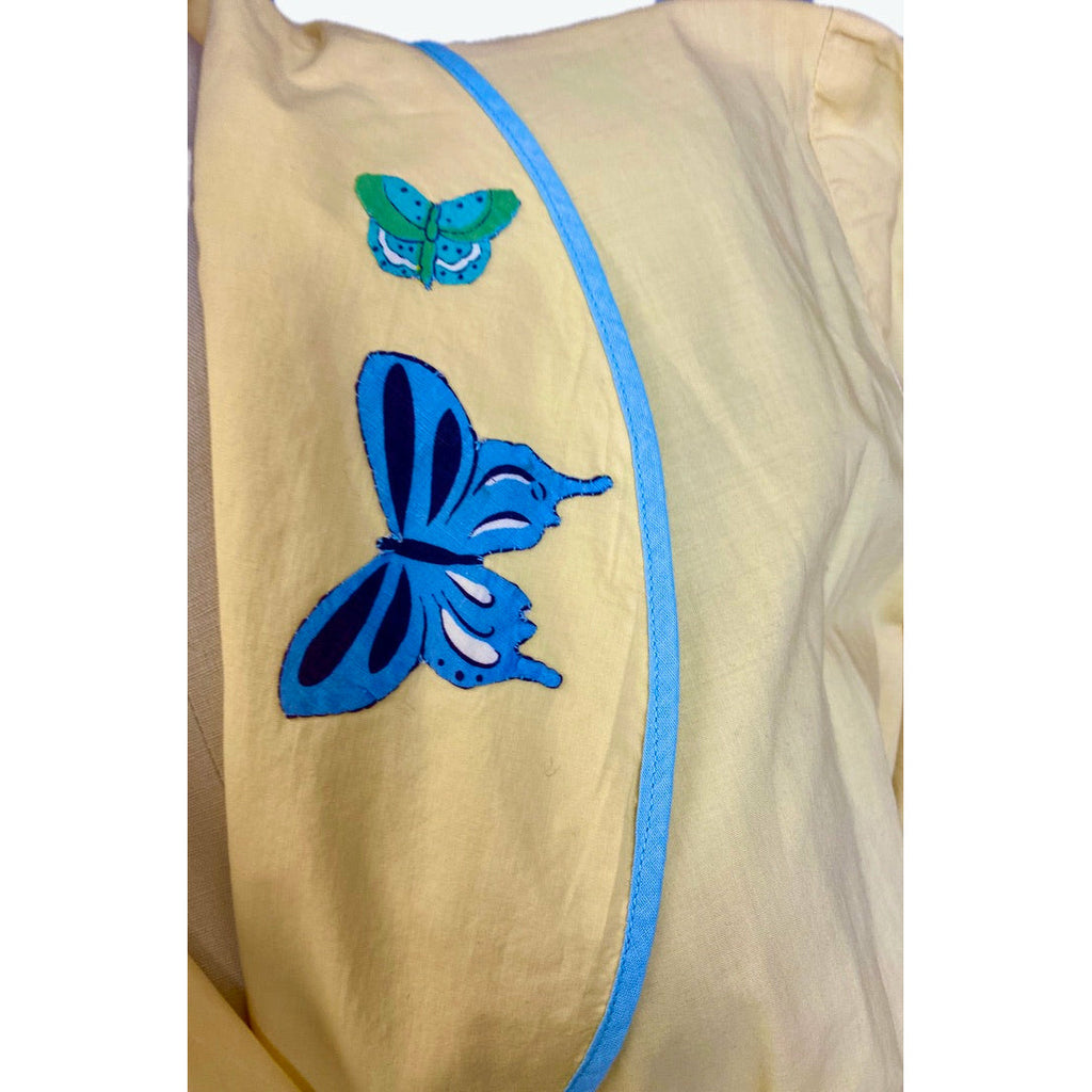 Vintage 1940s Yellow Cotton Wrap Robe Housecoat Blue Butterfly Applique M Robes The Best Vintage Clothing