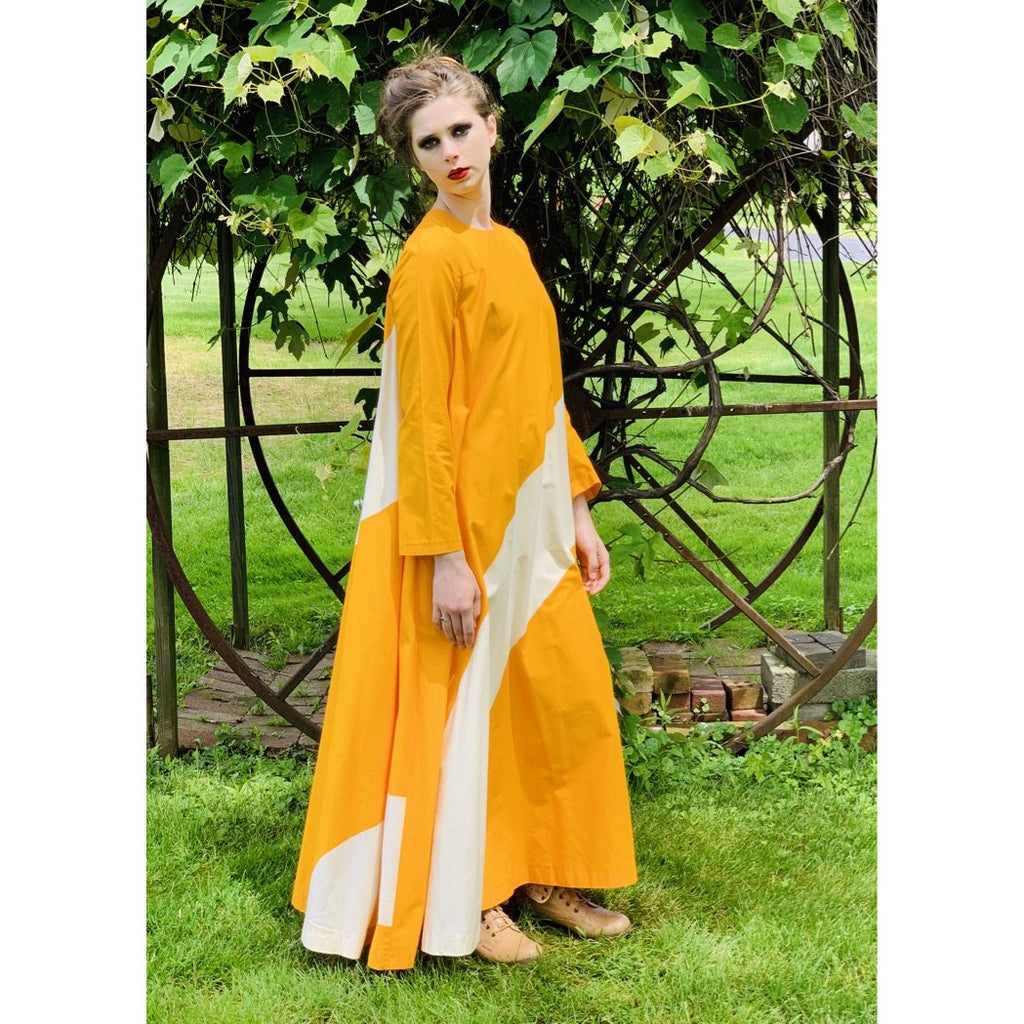 Vintage ”Metsä” Vuokko Nurmesniemi Womens Tent Dress 70s M EU42 Yellow White Stripe Cotton marimekko The Best Vintage Clothing