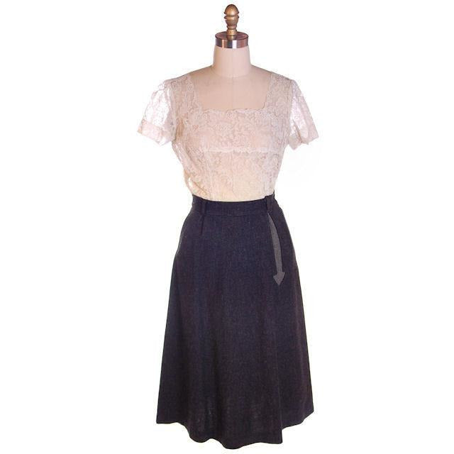 VTG 1940s Skirt Charcoal Grey Wool A-Line Arrow Applique Waist 25 S Johnnye Jr Cart2cart vendor-unknown