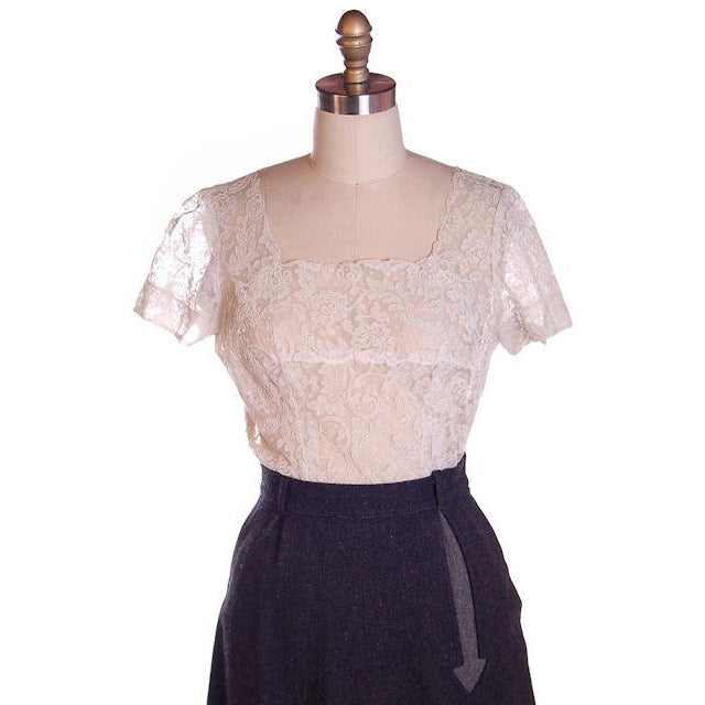 Vintage Nylon Ivory Lace Blouse Re-Embroidered 1940S 38" Bust Provenance Sonja Loew Women's The Best Vintage Clothing
