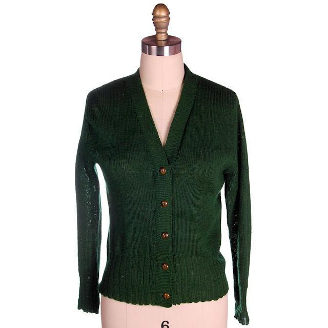 Vintage Cardigan Sweater  Wool Knit Green 1940s 4" Ribbed Waistband Distressed M - The Best Vintage Clothing
 - 1