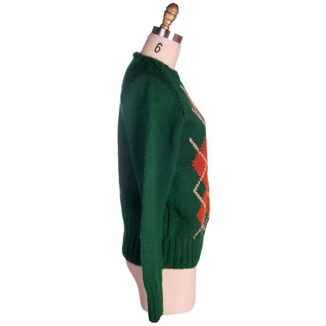 Vintage Hand Knit Green Argyle Sweater 1940s 3.5" Ribbed Waistband Sz M-L Men's Vintage The Best Vintage Clothing