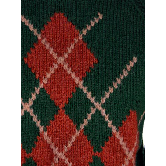 Vintage Hand Knit Green Argyle Sweater 1940s 3.5" Ribbed Waistband Sz M-L Men's Vintage The Best Vintage Clothing