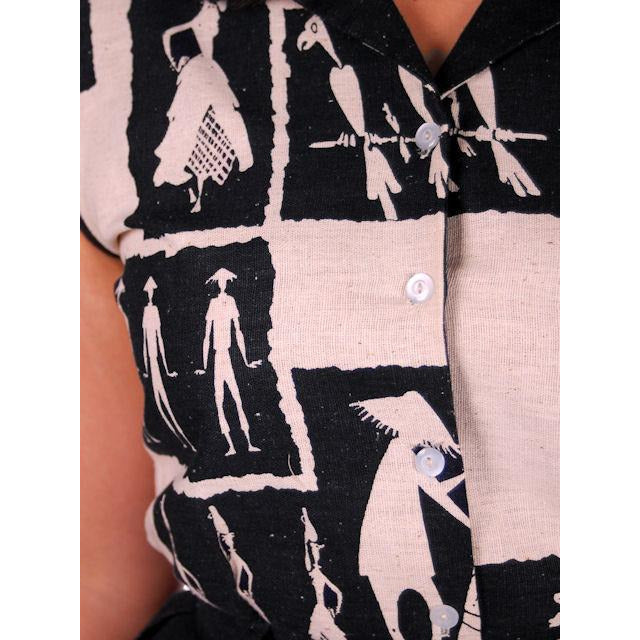 Vintage Black & Tan Linen Whimsical People Print Skirt & Blouse 1950s 40-26-Free Cart2cart The Best Vintage Clothing