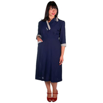 Vintage Navy Rayon Day Dress Striped Cuffs/Collar 1940s Rite Fit 44-35-46 - The Best Vintage Clothing
 - 1