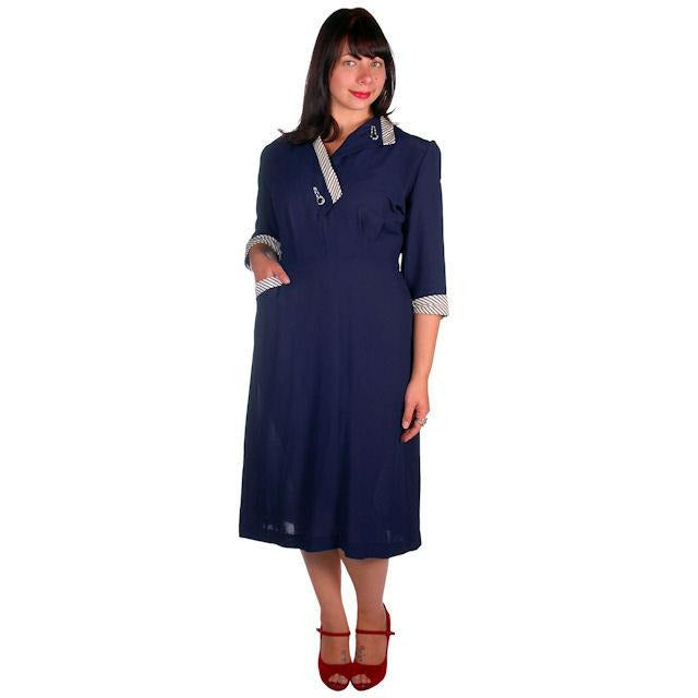 Vintage Navy Rayon Day Dress Striped Cuffs/Collar 1940s Rite Fit
