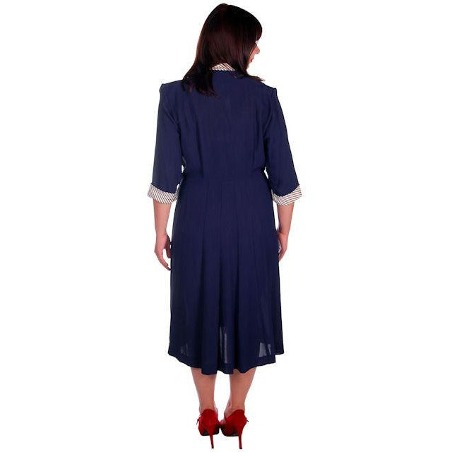 Vintage Navy Rayon Day Dress Striped Cuffs/Collar 1940s Rite Fit 44-35-46 Cart2cart Rite Fit
