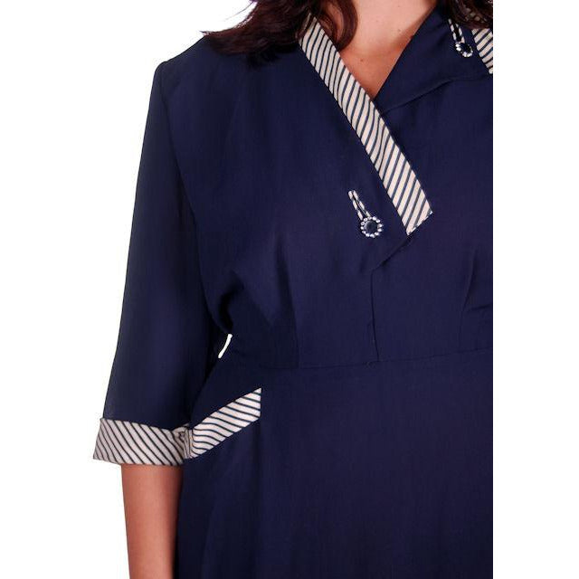 Vintage Navy Rayon Day Dress Striped Cuffs/Collar 1940s Rite Fit 44-35-46 Cart2cart Rite Fit