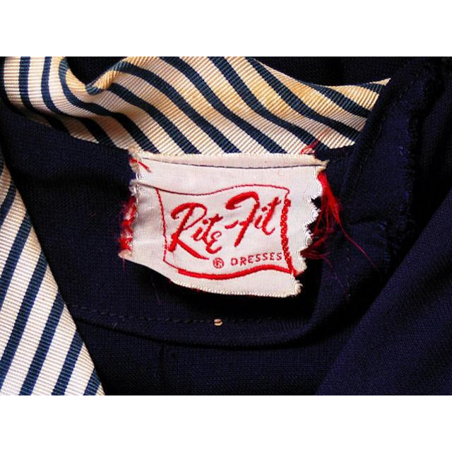 Vintage Navy Rayon Day Dress Striped Cuffs/Collar 1940s Rite Fit 44-35-46 Cart2cart Rite Fit