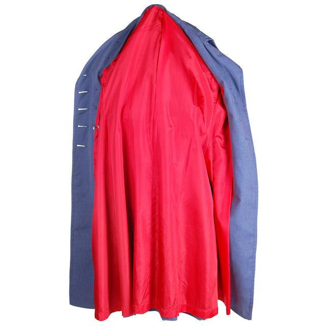 Vintage Blue Chambray Trench Coat Bright Red Lining 1970s 38-36-44 New Arrivals The Best Vintage Clothing